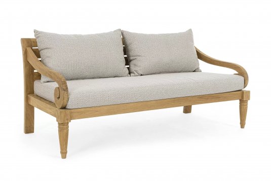 Sofa z drewna teak z szarobeżowymi poduszkami KARUBA bizzotto