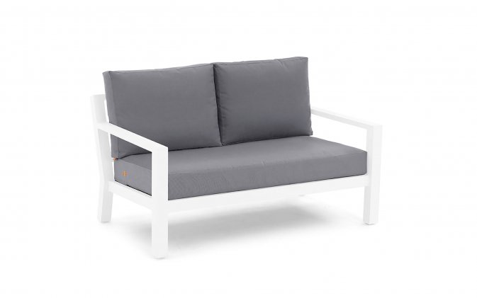 Sofa wypoczynkowa 2-osobowa na taras aluminiowa biała TIMBER grube poduszki szare