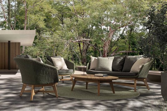 Oliwkowy ekskluzywny komplet ogrodowy wypoczynkowy teak lina polipropylenowa COACHELLA bizzotto