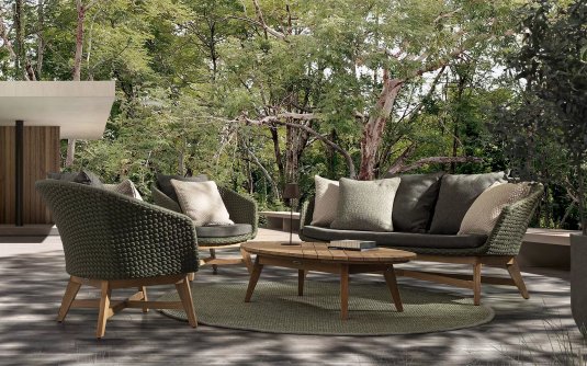 Oliwkowy ekskluzywny komplet ogrodowy wypoczynkowy teak lina polipropylenowa COACHELLA bizzotto 