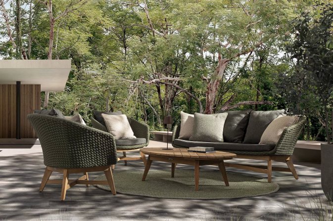 Oliwkowy ekskluzywny komplet ogrodowy wypoczynkowy teak lina polipropylenowa COACHELLA bizzotto