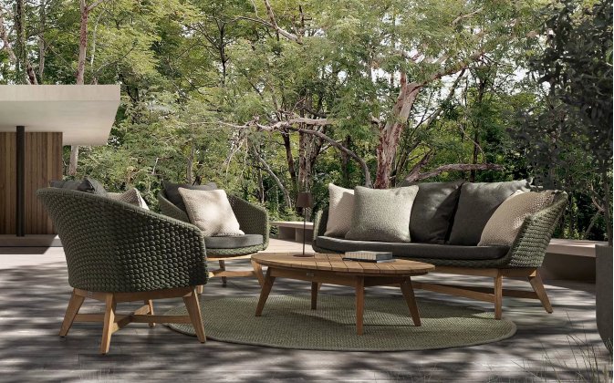 Oliwkowy ekskluzywny komplet ogrodowy wypoczynkowy teak lina polipropylenowa COACHELLA bizzotto 