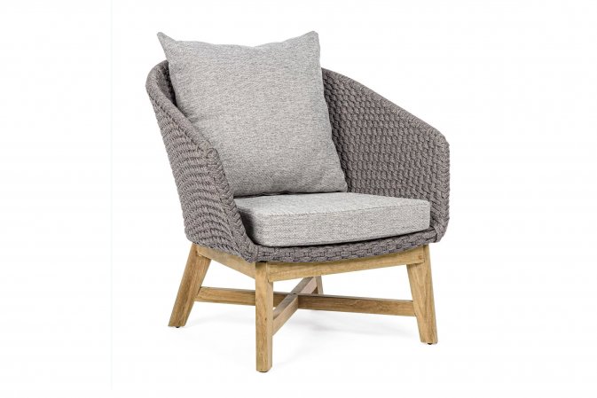 Szary nowoczesny fotel ogrodowy wypoczynkowy teak lina COACHELLA bizzotto