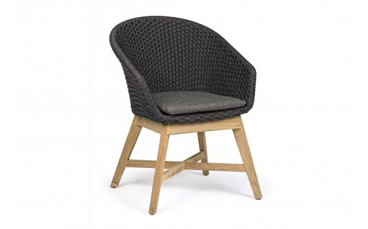 Ciemnoszare krzesło stołowe z podstawą teak i siedziskiem z liny polipropylenowej COACHELLA bizzotto