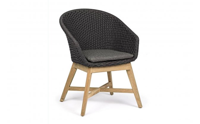 Ciemnoszare krzesło stołowe z podstawą teak i siedziskiem z liny polipropylenowej COACHELLA bizzotto