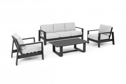 Ciemnoszare meble aluminiowe na taras z jasnoszarymi poduszkami BALTIC bizzotto