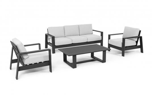 Ciemnoszare meble aluminiowe na taras z jasnoszarymi poduszkami BALTIC bizzotto Ciemnoszare meble aluminiowe na taras z jasnoszarymi poduszkami BALTIC bizzotto