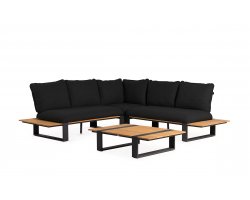 <udułowy narożnik ogrodowy aluminiowy SEO antracyt / poduszki czarne / platforma teak