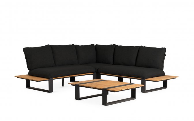 <udułowy narożnik ogrodowy aluminiowy SEO antracyt / poduszki czarne / platforma teak