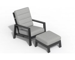 Fotel na taras wypoczynkowy z pochylanym oparciem i podnóżkiem aluminiowy QUEENS poduszki szare