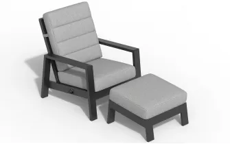 Fotel na taras wypoczynkowy z pochylanym oparciem i podnóżkiem aluminiowy QUEENS poduszki szare