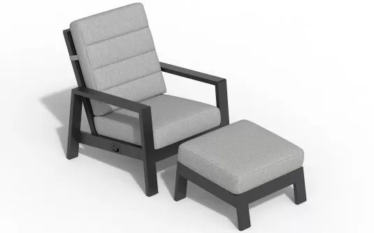 Fotel na taras wypoczynkowy z pochylanym oparciem i podnóżkiem aluminiowy QUEENS poduszki szare