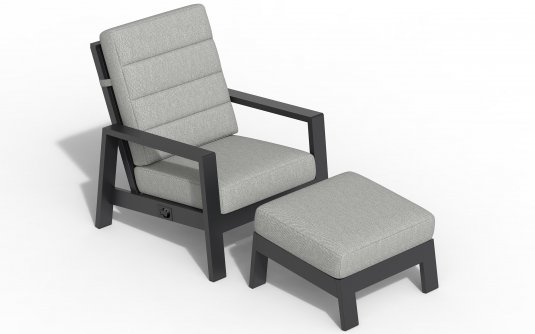 Fotel na taras wypoczynkowy z pochylanym oparciem i podnóżkiem aluminiowy QUEENS poduszki szare