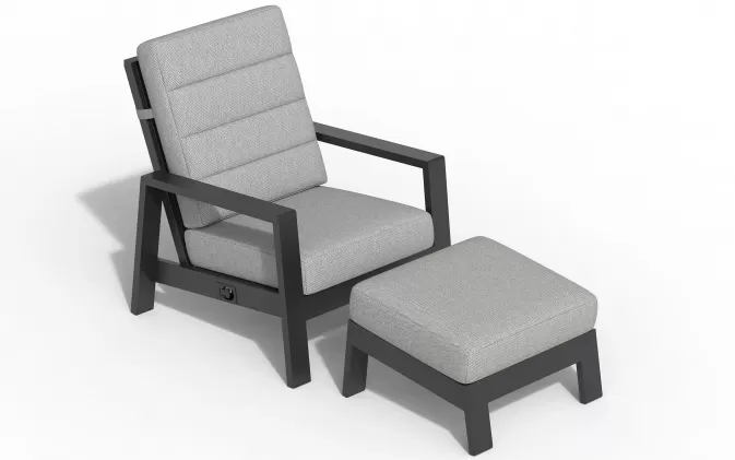 Fotel na taras wypoczynkowy z pochylanym oparciem i podnóżkiem aluminiowy QUEENS poduszki szare