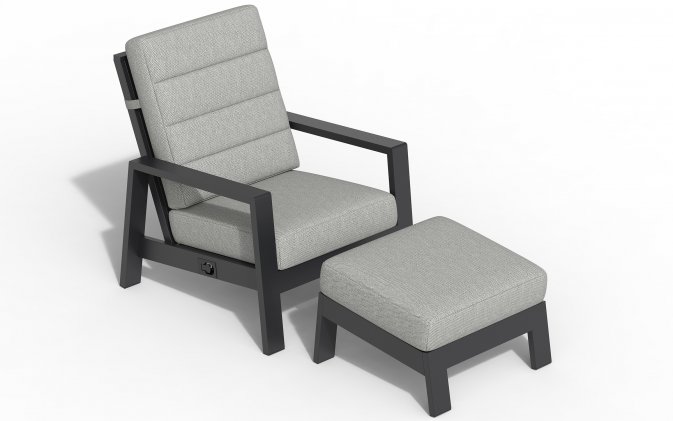 Fotel na taras wypoczynkowy z pochylanym oparciem i podnóżkiem aluminiowy QUEENS poduszki szare