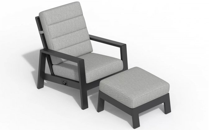 Fotel na taras wypoczynkowy z pochylanym oparciem i podnóżkiem aluminiowy QUEENS poduszki szare