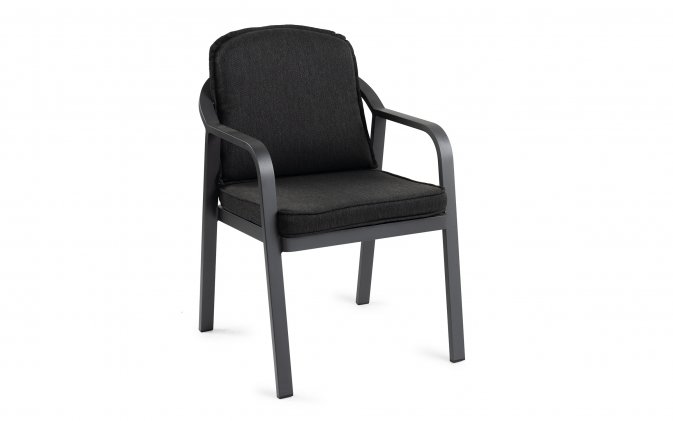 GRafitowe krzesło stołowe ogrodowe aluminiowe z czarnymi poduszkami PEP lina polipropylenowa