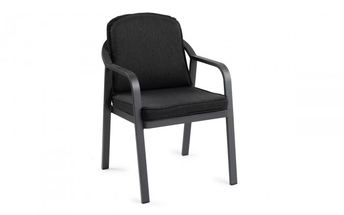 GRafitowe krzesło stołowe ogrodowe aluminiowe z czarnymi poduszkami PEP lina polipropylenowa