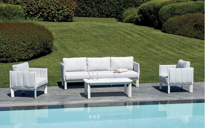 CANNES zestaw wypoczynkowy ogrodowy aluminium biały marmur tkanina