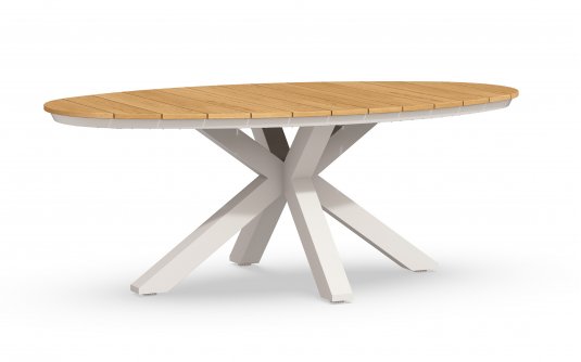 Owalny stół ogrodowy aluminiowo-teakowy OBLONG 200x110 cm podstawa białokermowa / blat teak
