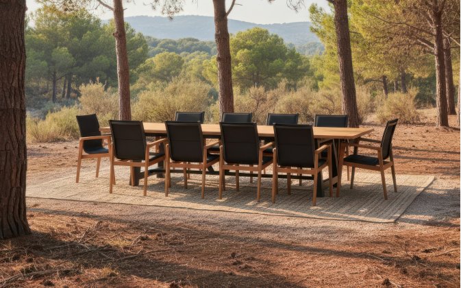 Duży stół ogrodowy aluminiowo-teakowy 300 cm OZON z krzesłąmi AVERO