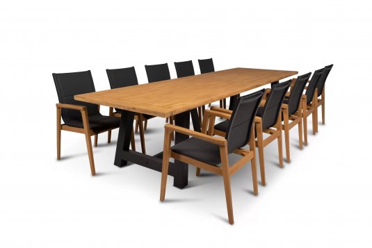 Duży stół ogrodowy aluminiowo-teakowy 300 cm OZON z krzesłąmi AVERO