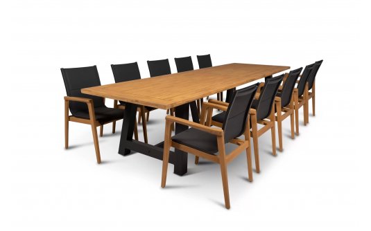 Duży stół ogrodowy aluminiowo-teakowy 300 cm OZON z krzesłąmi AVERO Duży stół ogrodowy aluminiowo-teakowy 300 cm OZON z krzesłąmi AVERO