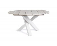 Okrągły stół średnica 150 cm białe nogi alu bielony blat teakowy DONALD