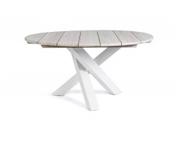 Okrągły stół średnica 150 cm białe nogi alu bielony blat teakowy DONALD