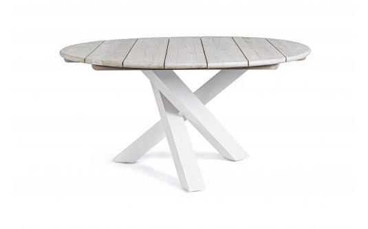 Okrągły stół średnica 150 cm białe nogi alu bielony blat teakowy DONALD Okrągły stół średnica 150 cm białe nogi alu bielony blat teakowy DONALD