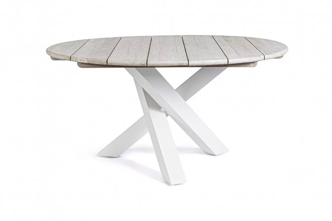 Okrągły stół średnica 150 cm białe nogi alu bielony blat teakowy DONALD