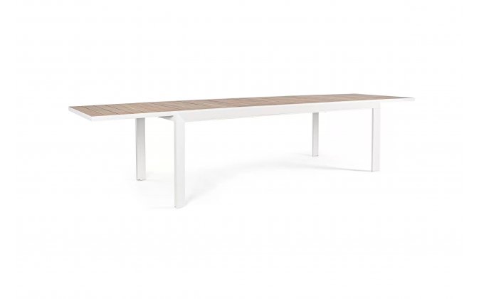 Biały stół aluminiowy z blatem imitacja drewna rozkładany 220-340 ogrodowy BELMAR bizzotto