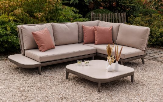 Nieduży narożnik ogrodowy aluminiowy z wygodnymi poduszkami liną rope taupe alpes