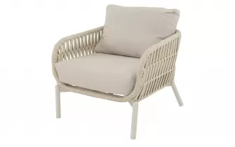 Fotel ogrodowy bezowy BURGOS z plecionką Rope i poduszkami Olefin. Konstrukcja aluminiowa, 80x66,5 cm, idea