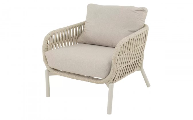 Fotel ogrodowy bezowy BURGOS z plecionką Rope i poduszkami Olefin. Konstrukcja aluminiowa, 80x66,5 cm, idea