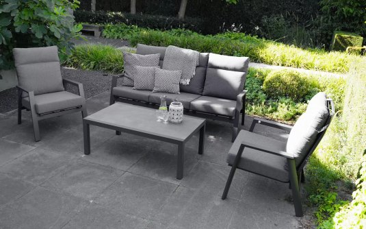 Komplet wypoczynkowy z pochylanymi oparciami aluminiowy ciemnoszary ze stolikiem ceramicznym OHIO