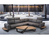 ZANZIBAR Zestaw wypoczynkowy ogrodowy narożny 5‑osobowy, aluminium antracyt, poduszki szare, 2 stoli