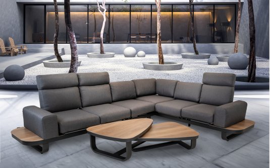 ZANZIBAR Zestaw wypoczynkowy ogrodowy narożny 5‑osobowy, aluminium antracyt, poduszki szare, 2 stoli ZANZIBAR Zestaw wypoczynkowy ogrodowy narożny 5‑osobowy, aluminium antracyt, poduszki szare, 2 stoli