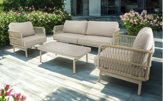 AKIRO Zestaw wypoczynkowy ogrodowy z sofą 3‑osobową, 2 fotelami i stolikiem, aluminium beżowy mat, s AKIRO Zestaw wypoczynkowy ogrodowy z sofą 3‑osobową, 2 fotelami i stolikiem, aluminium beżowy mat, s