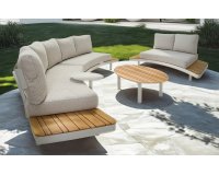 LOUNZA Zestaw wypoczynkowy ogrodowy półokragły z sofami i stolikami, teak i aluminium – LesliLiving