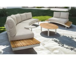 LOUNZA Zestaw wypoczynkowy ogrodowy półokragły z sofami i stolikami, teak i aluminium – LesliLiving