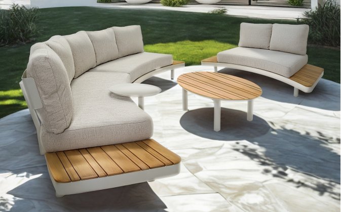 LOUNZA Zestaw wypoczynkowy ogrodowy półokragły z sofami i stolikami, teak i aluminium – LesliLiving