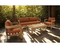 MYLO Zestaw wypoczynkowy ogrodowy z sofą, 2 fotelami i stolikiem, aluminium woodlook, poduszki kolor ceglany