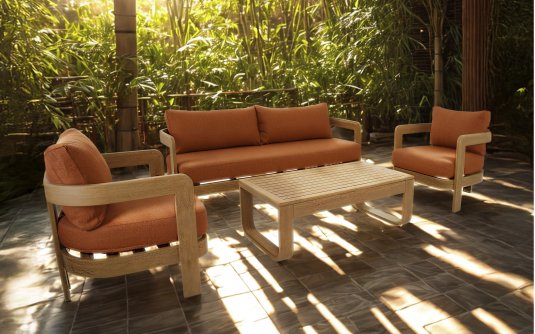 MYLO Zestaw wypoczynkowy ogrodowy z sofą, 2 fotelami i stolikiem, aluminium woodlook, poduszki kolor ceglany