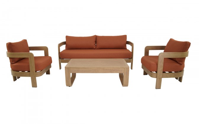 MYLO Zestaw wypoczynkowy ogrodowy z sofą, 2 fotelami i stolikiem, aluminium woodlook, poduszki kolor ceglany