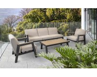 MANU Zestaw wypoczynkowy ogrodowy z sofą, 2 fotelami i stolikiem, aluminium antracyt, poduszki beżow