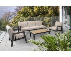MANU Zestaw wypoczynkowy ogrodowy z sofą, 2 fotelami i stolikiem, aluminium antracyt, poduszki beżow