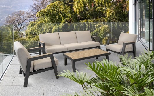 MANU Zestaw wypoczynkowy ogrodowy z sofą, 2 fotelami i stolikiem, aluminium antracyt, poduszki beżow MANU Zestaw wypoczynkowy ogrodowy z sofą, 2 fotelami i stolikiem, aluminium antracyt, poduszki beżow