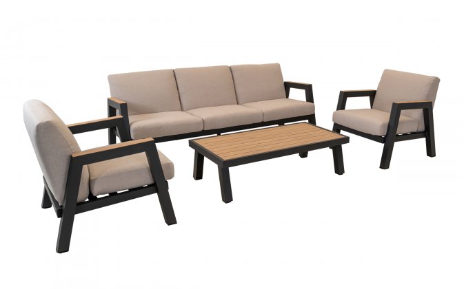 MANU Zestaw wypoczynkowy ogrodowy z sofą, 2 fotelami i stolikiem, aluminium antracyt, poduszki beżow