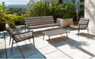 Grafitowy HARPER zestaw wypoczynkowy ogrodowy sofa 2‑osobowa, 2 fotele, stolik, aluminium 